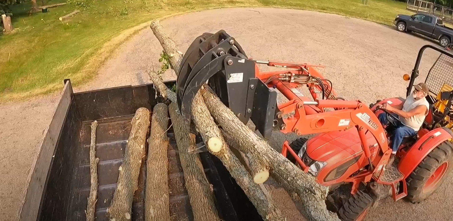 Professional tree log removal and disposal services Heavy machinery loading cut tree logs for removal and disposal